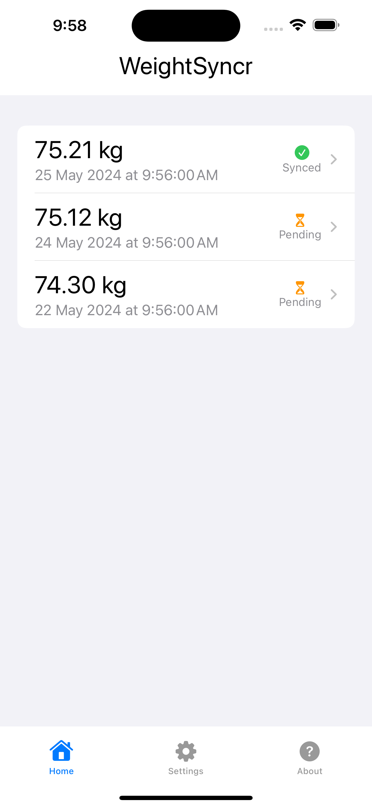 WeightSyncr Home Screen with Weight Entries